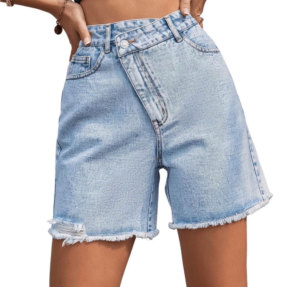 Light Blue Large trendy asymmetrical Denim Women Shorts